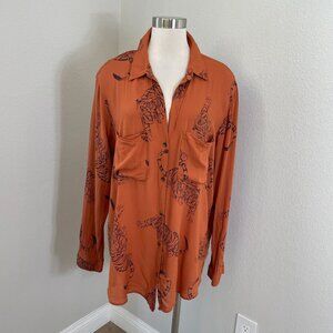 Pilcro Womens XL Rust Orange Tiger Print Button Up Blouse Long Sleeve Shirt